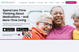 Medisafe app site showing its medication reminder and caregiver features