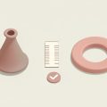 Isometric still-life of a bell-shaped menstrual cup, a ring-shaped disc, and a ruler, on menstrual cup vs disc sizing