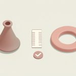 Isometric still-life of a bell-shaped menstrual cup, a ring-shaped disc, and a ruler, on menstrual cup vs disc sizing