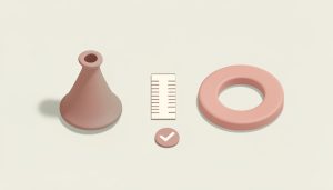 Isometric still-life of a bell-shaped menstrual cup, a ring-shaped disc, and a ruler, on menstrual cup vs disc sizing