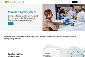 Microsoft Family Safety page showing cross-platform screen time and location tools
