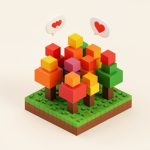 Isometric voxel forest of blocky trees with red, orange, and green leaves, with small floating chat and heart reaction bubbles above, representing a game update and its community buzz