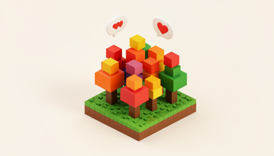 Isometric voxel forest of blocky trees with red, orange, and green leaves, with small floating chat and heart reaction bubbles above, representing a game update and its community buzz