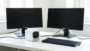 A small mini PC on a clean desk beside two blank external monitors and a keyboard
