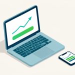 Isometric laptop and phone showing a net-worth line chart and account tiles, representing Mint shutdown alternatives for simple net-worth tracking