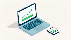 Isometric laptop and phone showing a net-worth line chart and account tiles, representing Mint shutdown alternatives for simple net-worth tracking