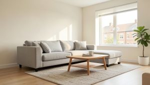 A light grey modular sectional sofa in a bright small apartment living room with a coffee table and rug