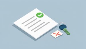 Isometric cleaning receipt with a green checkmark beside a rejected handwritten note with a red cross, and a house key, on move-out cleaning receipts landlords accept