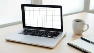 A laptop showing a blank spreadsheet grid beside a coffee cup and a notebook on a desk