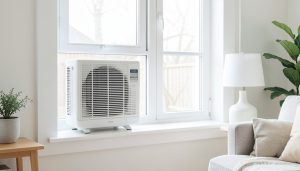 A white window air conditioner unit installed in a bright apartment double-hung window seen from inside