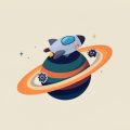 Isometric small spaceship above a colorful ringed planet with a gear icon and a small bug icon, representing a game update that adds features and introduces bugs