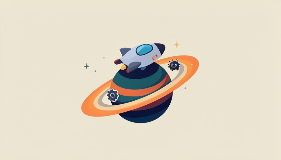 Isometric small spaceship above a colorful ringed planet with a gear icon and a small bug icon, representing a game update that adds features and introduces bugs