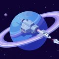 Isometric space station orbiting a ringed planet with a small ship docking, representing the No Man's Sky COSMOS station and ship changes