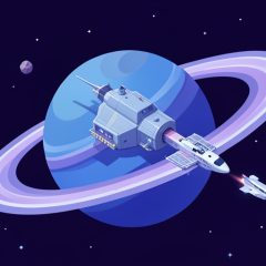 Isometric space station orbiting a ringed planet with a small ship docking, representing the No Man's Sky COSMOS station and ship changes