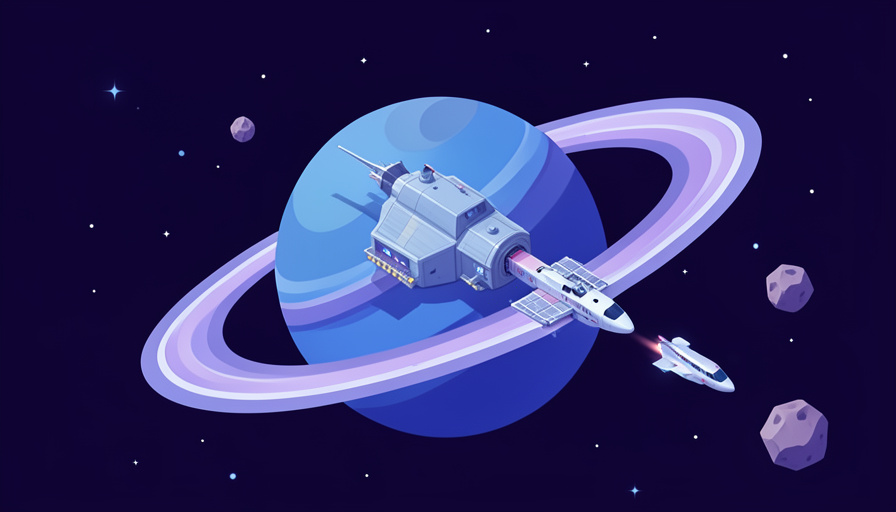 Isometric space station orbiting a ringed planet with a small ship docking, representing the No Man's Sky COSMOS station and ship changes