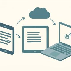 Isometric phone, tablet, and laptop showing the same note syncing to a cloud with an offline indicator, representing note apps with offline mode that sync cleanly