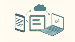 Isometric phone, tablet, and laptop showing the same note syncing to a cloud with an offline indicator, representing note apps with offline mode that sync cleanly