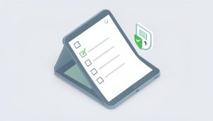 Isometric propped tablet showing a checklist with an offline symbol and an audit shield, on Notion alternatives for offline compliance checklists on iPad