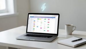 A laptop on a desk showing a database with colored status tags and a glowing lightning-bolt automation symbol above it