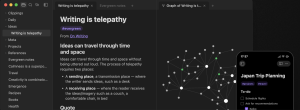 Obsidian note app on desktop showing a note, folder sidebar, and a knowledge graph, with a phone displaying the same notes synced across devices