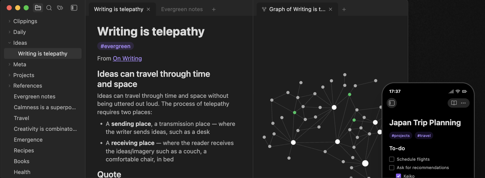 Obsidian note app on desktop showing a note, folder sidebar, and a knowledge graph, with a phone displaying the same notes synced across devices