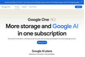 Google One page showing cloud storage plans across Drive, Gmail, and Photos