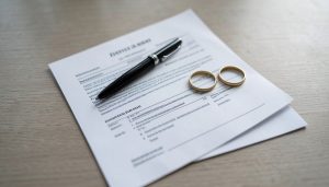 Divorce legal paperwork with a pen and two wedding rings on a neutral desk