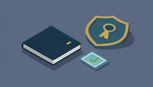 Isometric passport book beside a secure-login shield, an ID checkmark, and a photo icon, on online passport renewal verification steps