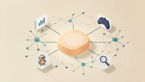 Isometric scene of an open dataset panel branching into small icons for a chart, a game controller, a robot, and a magnifier, representing community experiments built on an open brain map