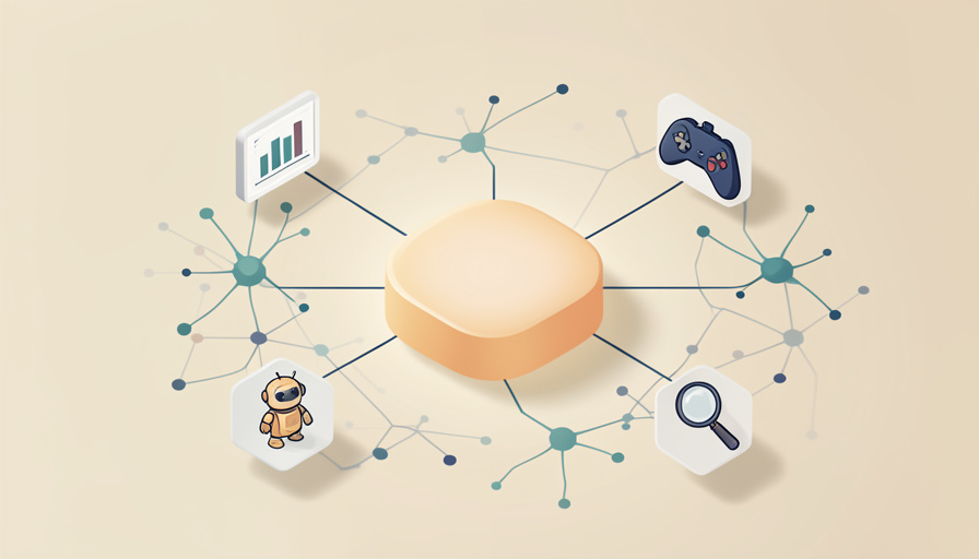 Isometric scene of an open dataset panel branching into small icons for a chart, a game controller, a robot, and a magnifier, representing community experiments built on an open brain map