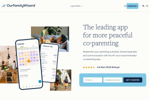 OurFamilyWizard homepage showing co-parenting calendar, expenses, and messaging