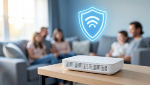 A white home WiFi router with a glowing blue shield emblem above it and a family blurred in the background, representing parental controls at the network level