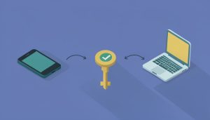 Isometric iPhone, Android phone, and Windows laptop linked by a key icon with sync arrows, on passkey settings to compare cross-platform