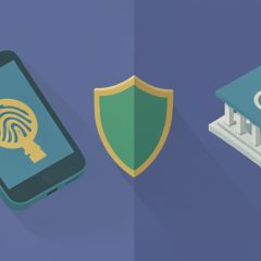 Isometric split scene: a key-shaped passkey on a phone versus a rotating 6-digit code token, with a bank building and a shield, on passkeys vs authenticator apps
