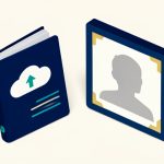 Isometric passport with a square photo frame holding a plain grey silhouette, an upload cloud, and crop corners, representing digital passport photo upload checks