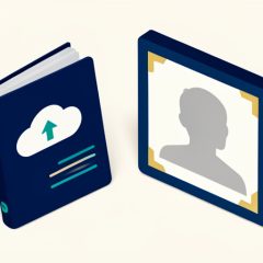 Isometric passport with a square photo frame holding a plain grey silhouette, an upload cloud, and crop corners, representing digital passport photo upload checks