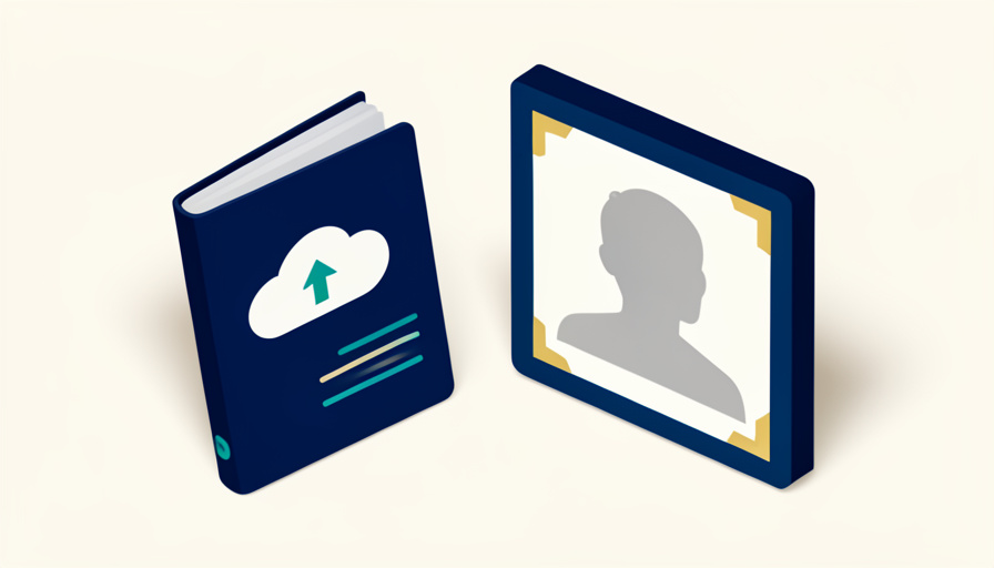 Isometric passport with a square photo frame holding a plain grey silhouette, an upload cloud, and crop corners, representing digital passport photo upload checks