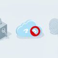 Isometric padlock vault with a key, a crossed-out cloud sync symbol, and a fingerprint with a USB security key, on password manager vs passkeys at work