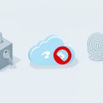Isometric padlock vault with a key, a crossed-out cloud sync symbol, and a fingerprint with a USB security key, on password manager vs passkeys at work