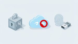 Isometric padlock vault with a key, a crossed-out cloud sync symbol, and a fingerprint with a USB security key, on password manager vs passkeys at work