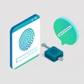 Isometric login screen with a passkey icon, a fingerprint, and a hardware security key, with a crossed-out SMS bubble, representing passwordless login without text codes