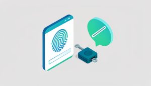 Isometric login screen with a passkey icon, a fingerprint, and a hardware security key, with a crossed-out SMS bubble, representing passwordless login without text codes