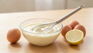 A glass bowl of homemade mayonnaise with a whisk, beside brown eggs and a halved lemon on a wooden counter