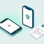 Isometric old phone with a red X, new phone with a health shield, and a backup-codes card, on patient portal 2FA after a new phone