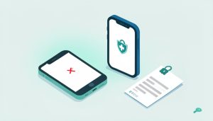 Isometric old phone with a red X, new phone with a health shield, and a backup-codes card, on patient portal 2FA after a new phone