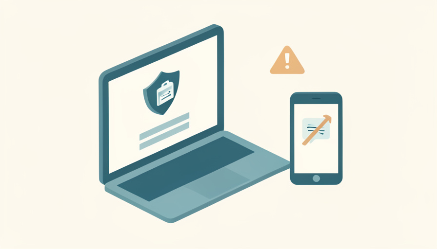 Isometric laptop showing a patient portal login with an ID shield and a phone with a crossed-out text message, representing a failed identity verification after a number change