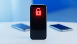 A new smartphone with a red padlock over its screen and a dimmed older phone behind it, showing a patient portal login broken by a phone upgrade