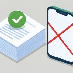 Isometric stack of income documents with a checkmark beside a crossed-out phone screenshot, representing verified paystub alternatives for a rental application