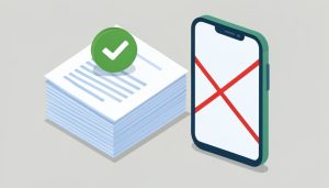 Isometric stack of income documents with a checkmark beside a crossed-out phone screenshot, representing verified paystub alternatives for a rental application
