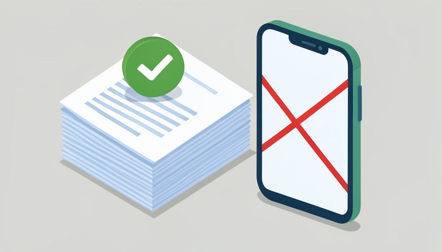 Isometric stack of income documents with a checkmark beside a crossed-out phone screenshot, representing verified paystub alternatives for a rental application